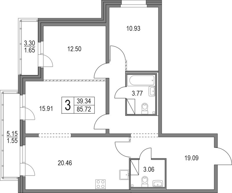 3-комнатная квартира 85.72 м², 4/19 эт., ЖК «Приморский квартал»